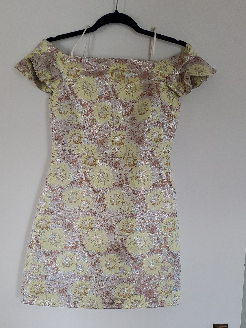 Topshop Yellow and Silver Floral Off-Shoulder Mini Dress